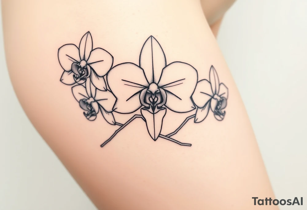 Draw of three fine line orchids different size realistic, the central part resembles a vagina. Are connected with branches tattoo idea