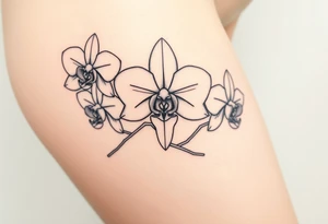 Draw of three fine line orchids different size realistic, the central part resembles a vagina. Are connected with branches tattoo idea