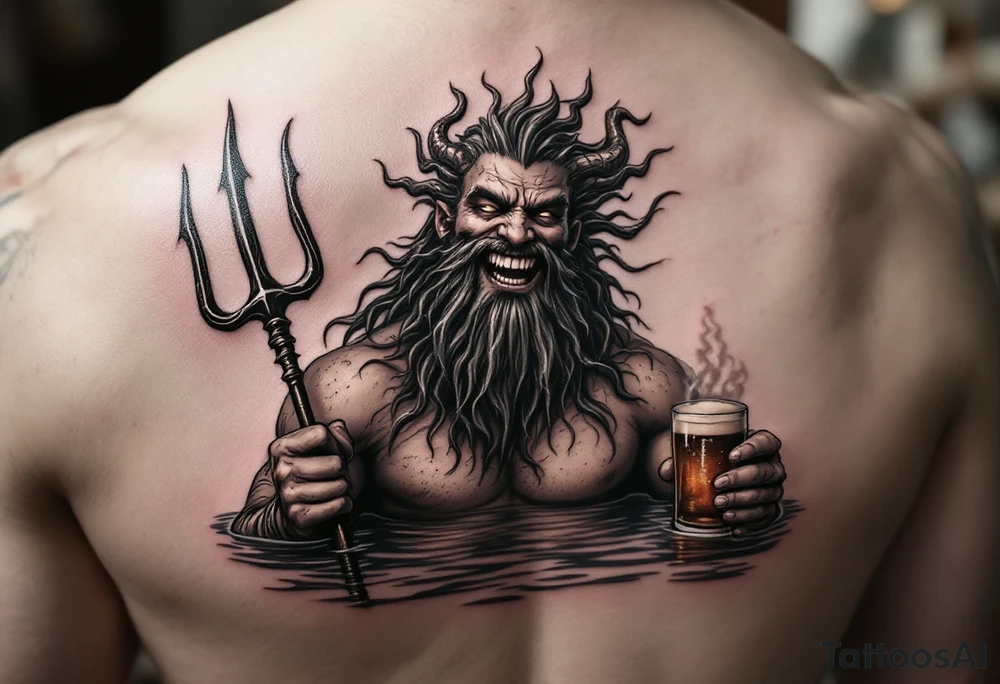 smiling poseidon, with a trident, in calm water, holding a beer tattoo idea