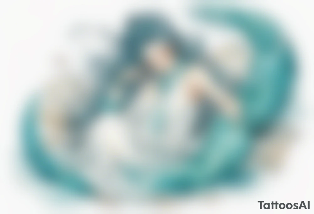 A beautiful undine with turquois scales wearing a white robe, laying on the shore tattoo idea
