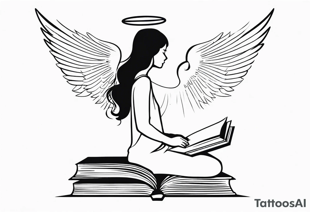 Small tattoo for shoulder. Women Angel kneeling next to open stack of books with bird silhouettes flying out of the book. tattoo idea