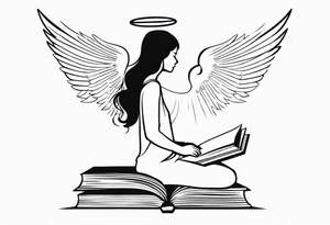 Small tattoo for shoulder. Women Angel kneeling next to open stack of books with bird silhouettes flying out of the book. tattoo idea