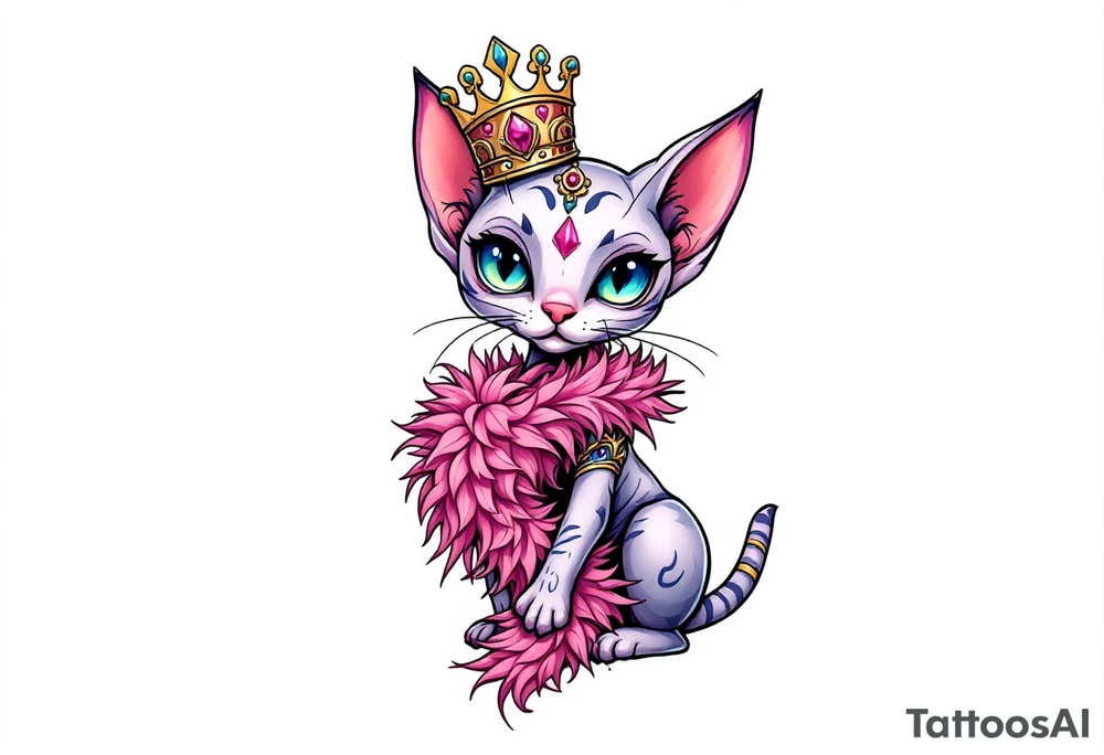 Chibi new school Glamorous sphinx cat holding 
pink feather boa and wearing a crown tattoo idea