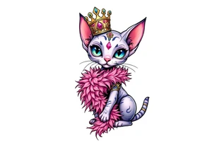 Chibi new school Glamorous sphinx cat holding 
pink feather boa and wearing a crown tattoo idea