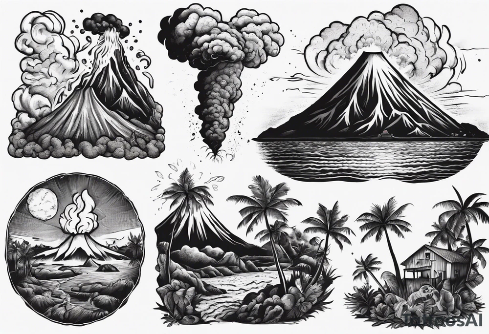 A man battling an erupting volcano on a tropical island tattoo idea