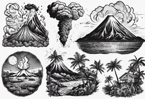 A man battling an erupting volcano on a tropical island tattoo idea