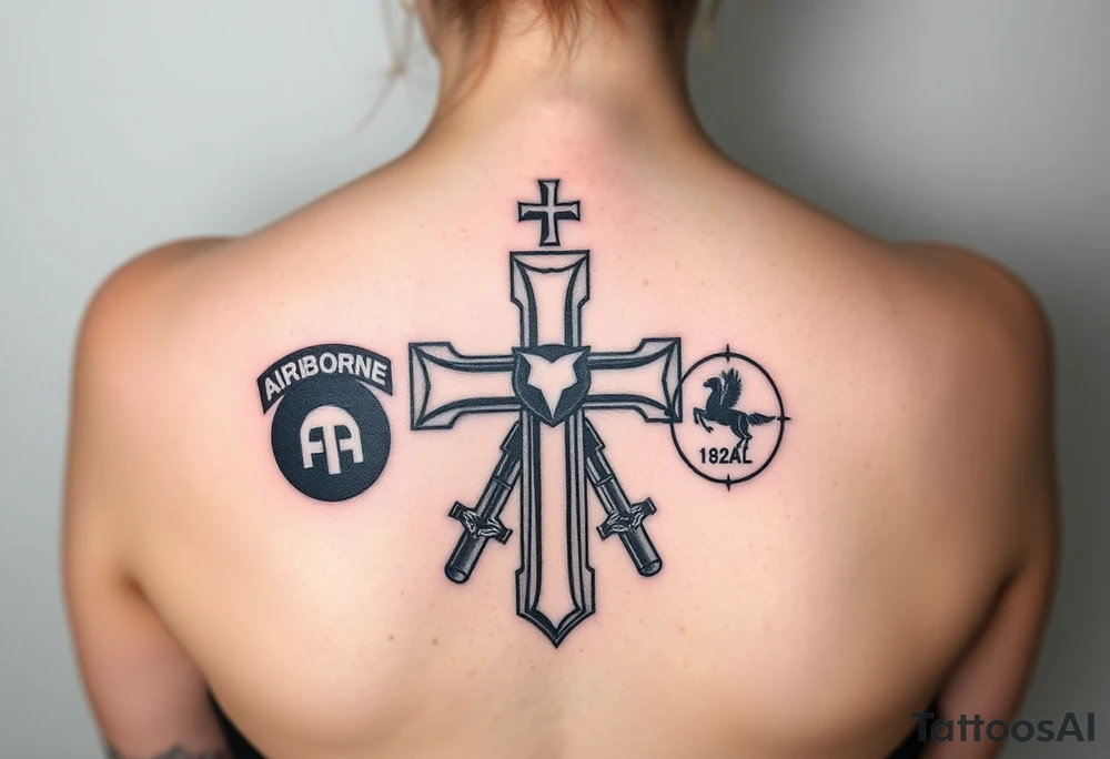 of soldiers battle 
cross with 82nd airborne division and first cavalry division unit patches tribute
 to your dad tattoo idea