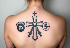 of soldiers battle 
cross with 82nd airborne division and first cavalry division unit patches tribute
 to your dad tattoo idea