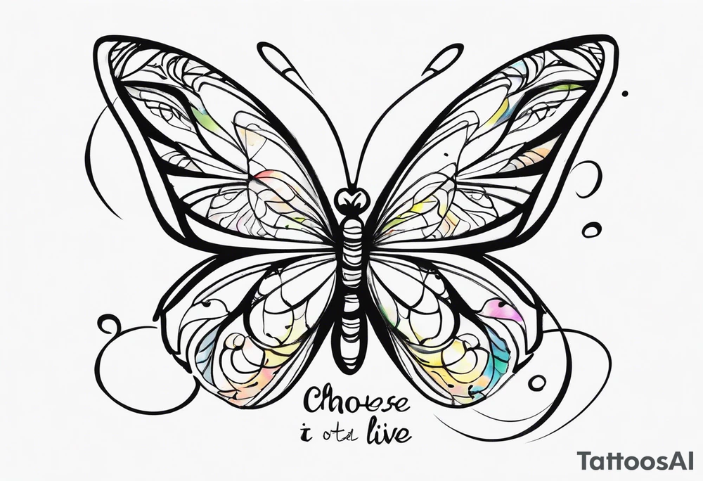 butterfly with one wing black scribbles, the other wing beautiful and colorful, the body has the date 1.9.2023 and the words written "I chose to live." tattoo idea
