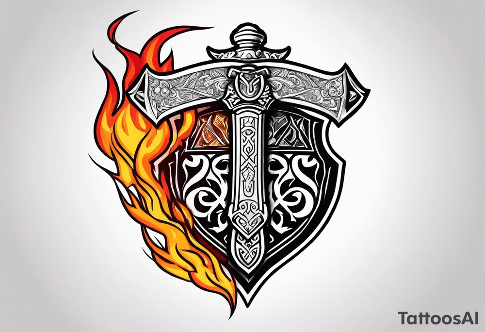 valhalla on fire sword shield axe tattoo idea
