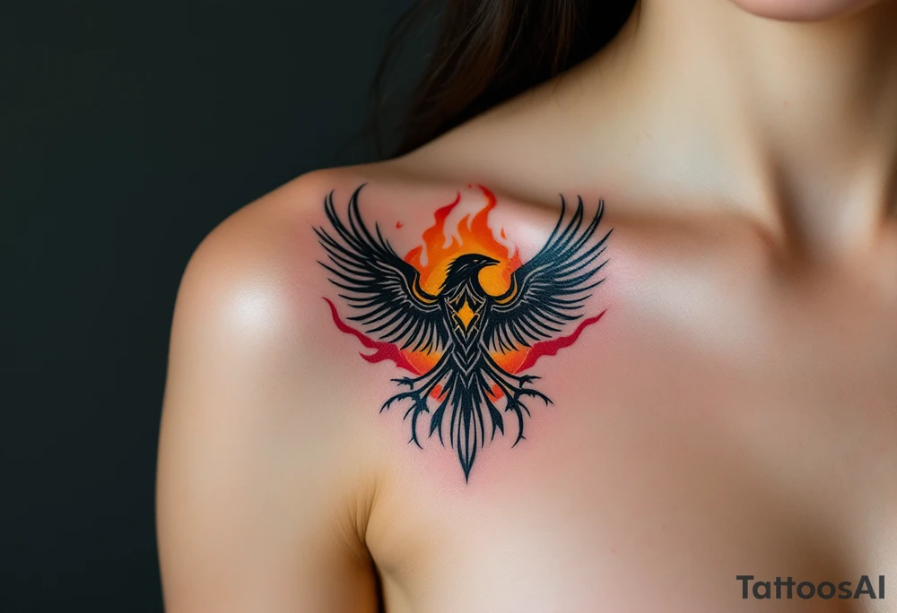 A stylized tattoo of Four’s tattooed chest with the bird motif, representing his Dauntless faction. Bold black lines and soft shades of red and orange in the background, symbolizing courage and fire. Black, red, orange, gray highlights. tattoo idea
