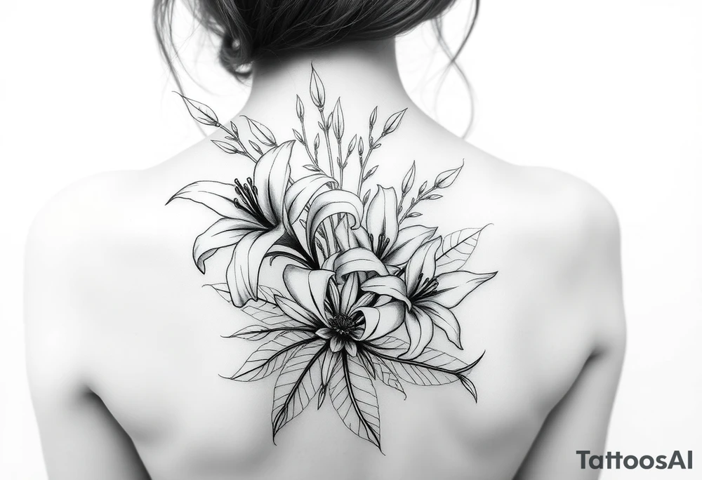 lilies and spider plant in a floral wrap on the arm tattoo idea