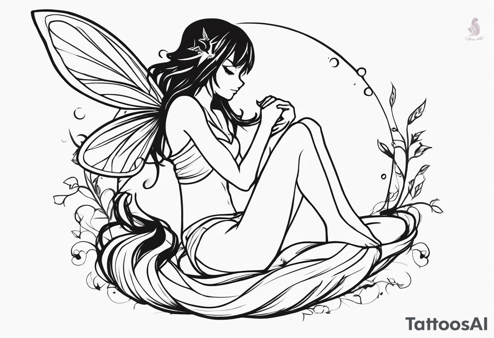 No color sketch of a fairy with a tail inspired by the guild symbol in the anime show called Fairy Tail in a fetal position leaning in and forward while crawled in hugging herself floating with hands a bit forward tattoo idea