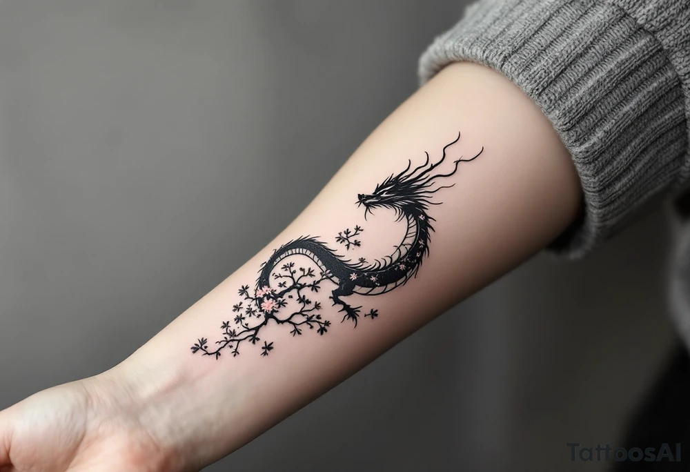 dragon japanese style sakura trees dark aesthetic tattoo idea