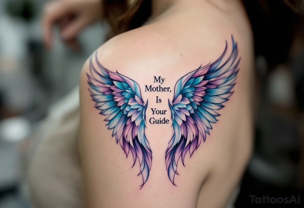 A pair of angel wings in light blue and lavender with “My Mother, Is My Guide” between them. tattoo idea