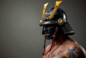 A samurai helmet (kabuto) in deep black steel with crimson cords and gold trim. tattoo idea