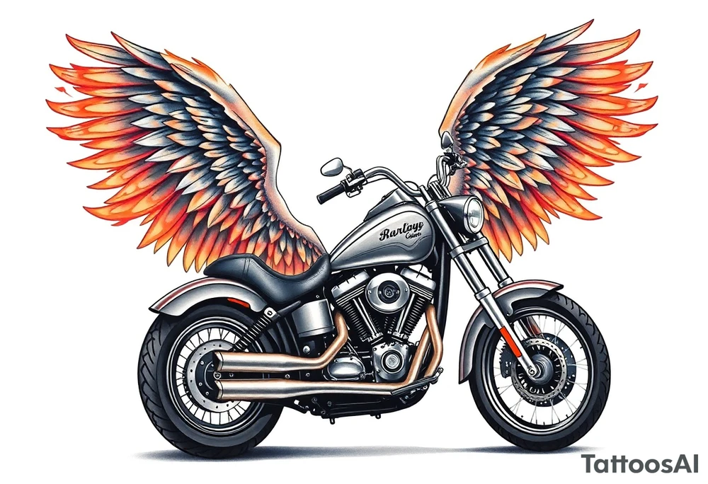 Harley grey motorcycle driving away, flames, angel wings tattoo idea