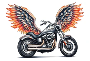 Harley grey motorcycle driving away, flames, angel wings tattoo idea
