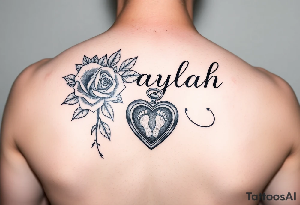 The name Jaylah With Roses and Foot Print and Pocket watch shaped like a Heart tattoo idea