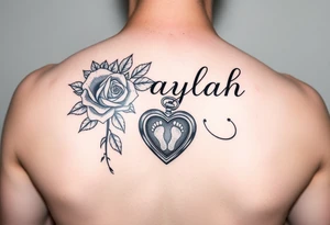 The name Jaylah With Roses and Foot Print and Pocket watch shaped like a Heart tattoo idea