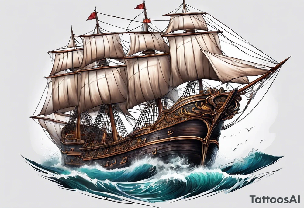 huge dark wooden ship tattoo idea