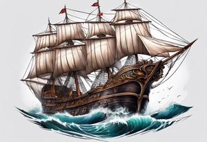 huge dark wooden ship tattoo idea