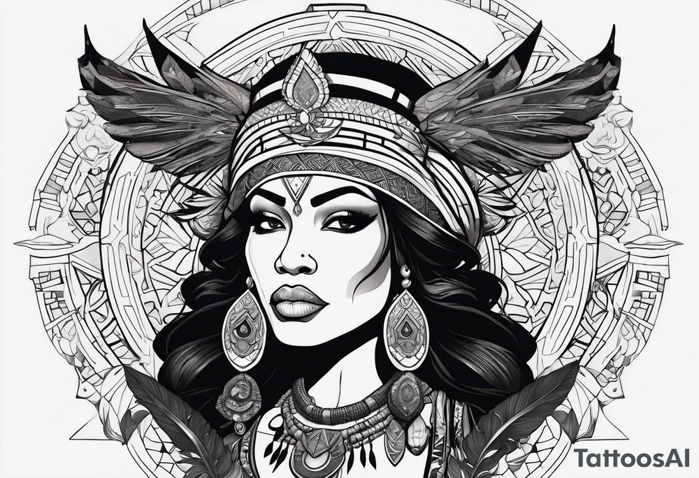 valkrye, kali, pirate, african goddess, , warrior, native american, lotus, zenza resonance, skulls, pachamama, left side face, chest, right wing, tattoo idea