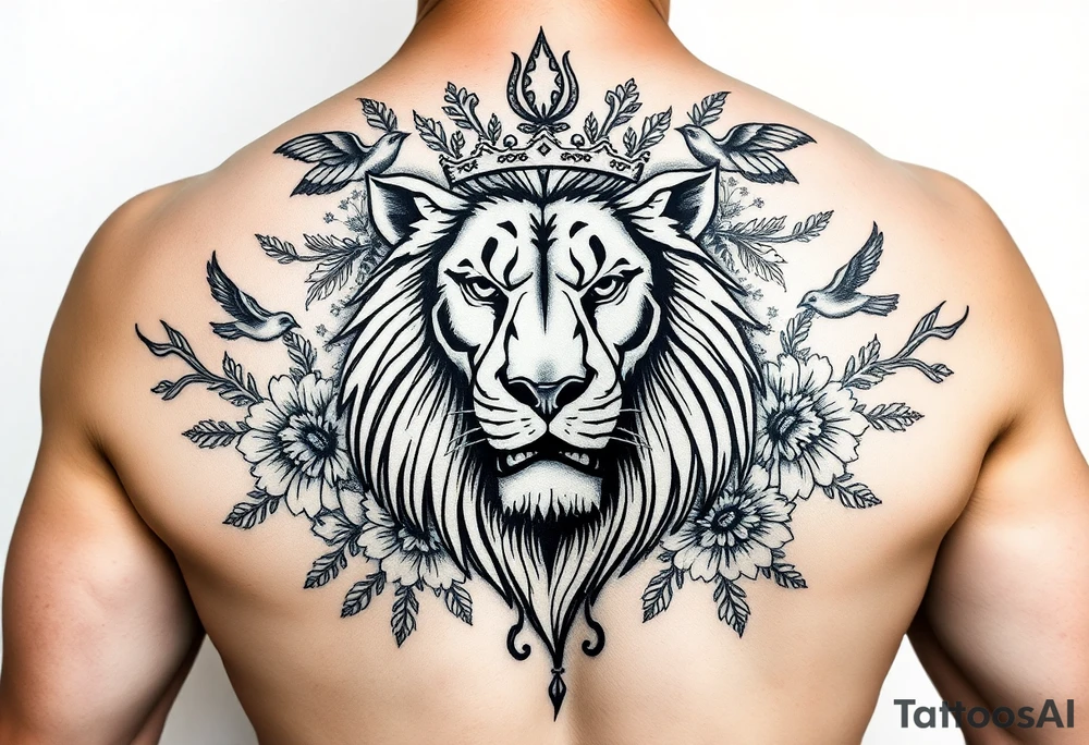 powerful majestic lion with a crown, surrounded by floral ornaments and birds tattoo idea
