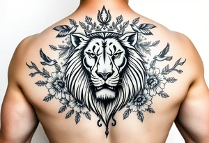 powerful majestic lion with a crown, surrounded by floral ornaments and birds tattoo idea