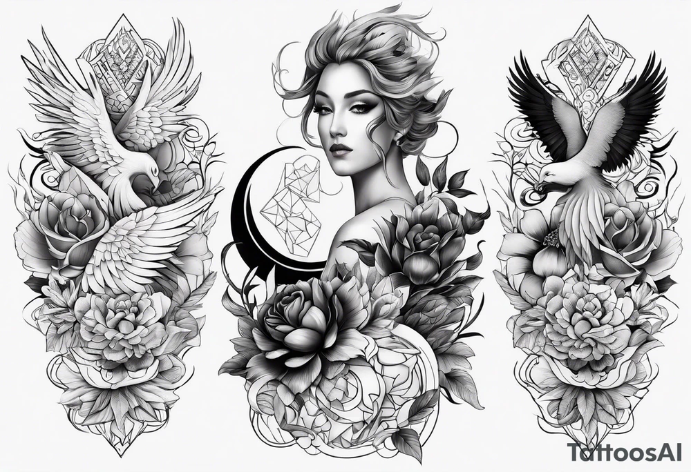 Sleeve with Libra and Phoenix with flowers tattoo idea