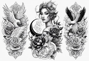 Sleeve with Libra and Phoenix with flowers tattoo idea