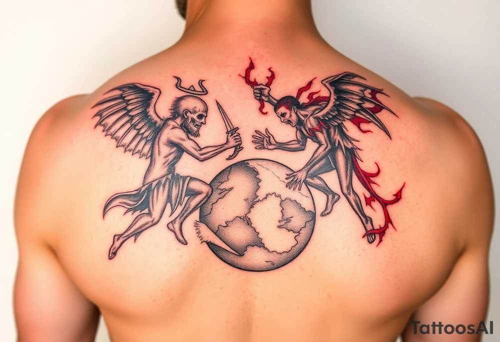 Heaven and hell fighting each other on earth tattoo idea