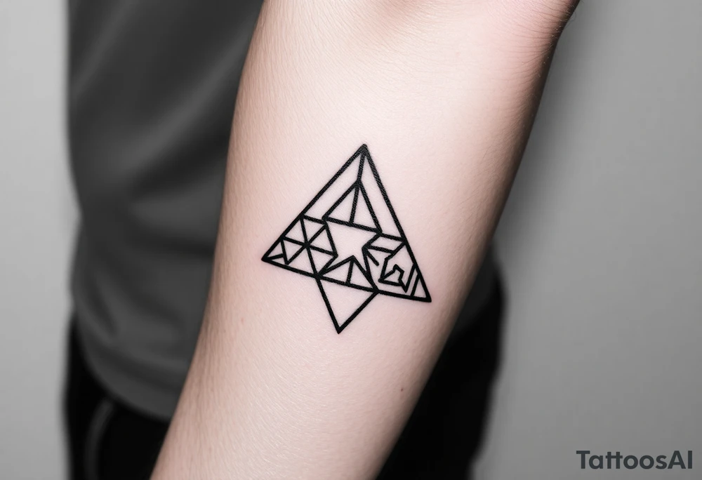 Geometric small triangle with five different lives merge together while being psychedelic with fine thin lines tattoo idea