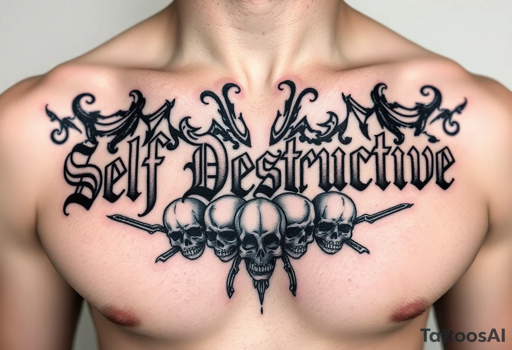 An outline of The words “Self Destructive” in a Chicano/Old English Font across the chest, with negative shading behind the words and some skulls tattoo idea