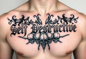 An outline of The words “Self Destructive” in a Chicano/Old English Font across the chest, with negative shading behind the words and some skulls tattoo idea