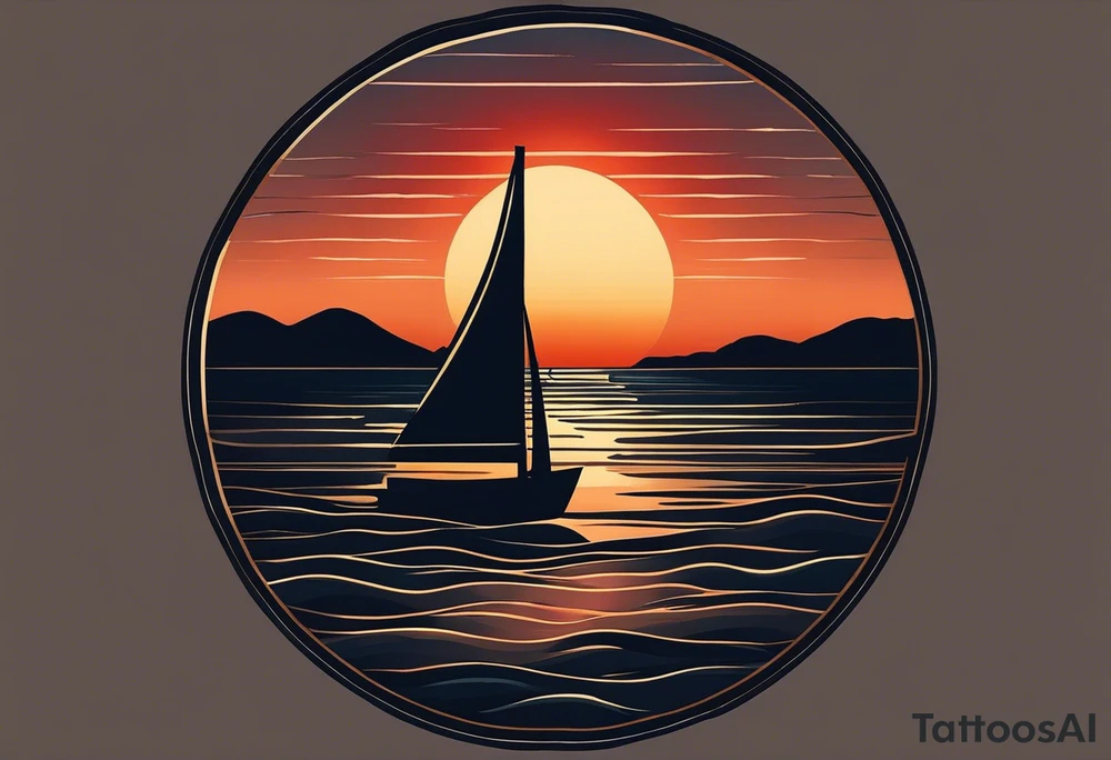 This tattoo needs to be incredibly simple and minimal. It's a sunset from the perspective of being on a boat on the ocean. The waves are very calm and there is no land in site. There are slight reflections of the sun on the water. The tattoo will be in landscape orientation. Mostly black with small splashes of color from the sun. There should be no objects in the tattoo besides the sun, water, and maybe some clouds and a bird or two. No land or boats. tattoo idea