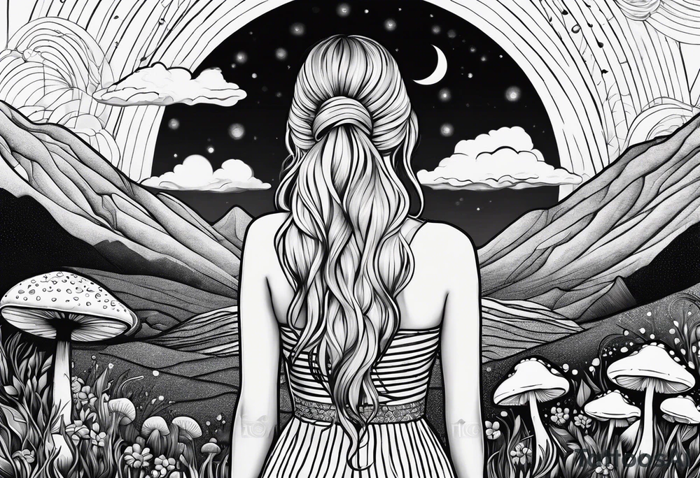 Straight blonde hair girl facing away toward mountains surrounded by mushrooms crescent moon mandala circular design black and white striped dress infinity symbol tattoo idea