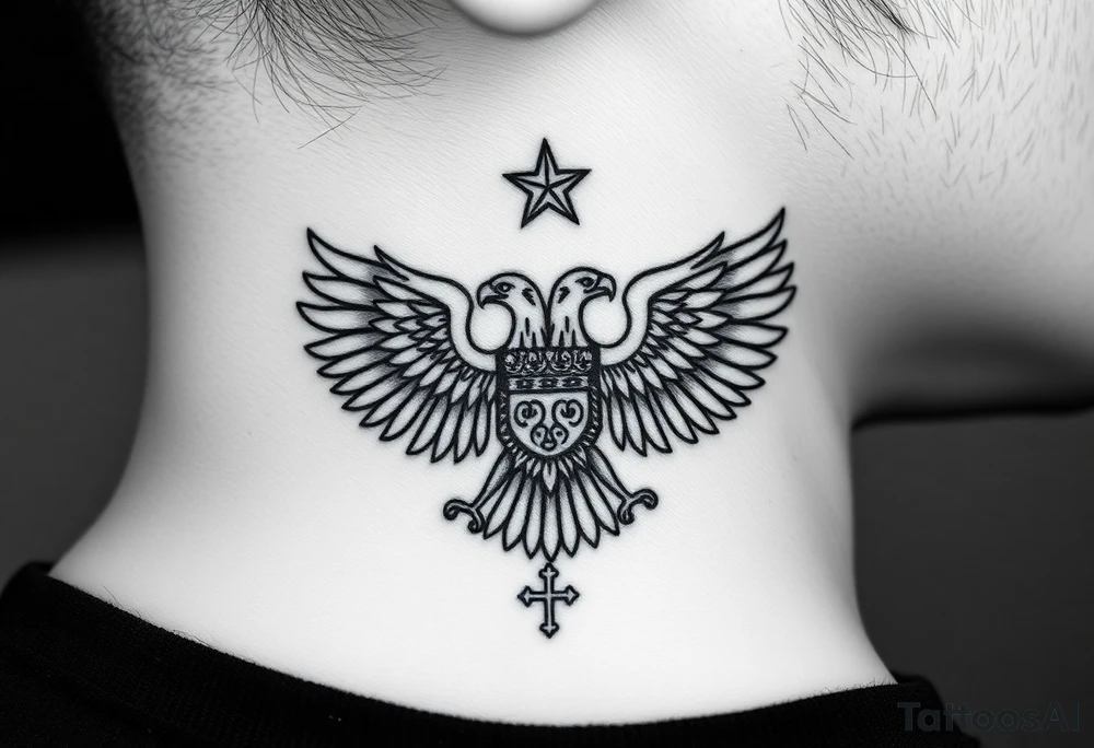 Double-headed eagle outline only (no shading) — suits neck skin which ages differently
Star above, small orthodox cross below tattoo idea