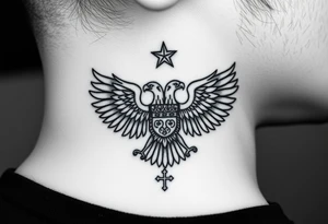 Double-headed eagle outline only (no shading) — suits neck skin which ages differently
Star above, small orthodox cross below tattoo idea