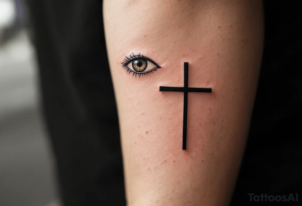 A thin black cross placed  next to eye tattoo, minimalist and sharp, symbolizing inner strength and spiritual reflection. tattoo idea