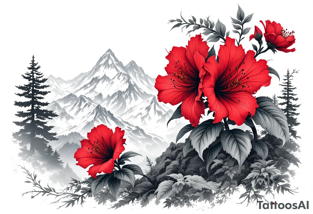 vertical wrist size red  and black rhododendron trippy with Himalayas behind tattoo idea