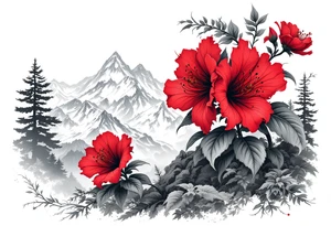 vertical wrist size red  and black rhododendron trippy with Himalayas behind tattoo idea