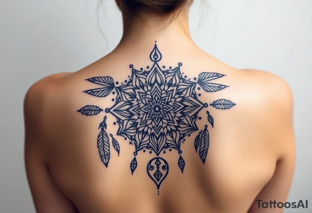 shaman symbols and mandalas and feathers wicca witch spiritual and sami culture big whole back tattoo idea