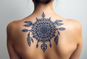 shaman symbols and mandalas and feathers wicca witch spiritual and sami culture big whole back tattoo idea