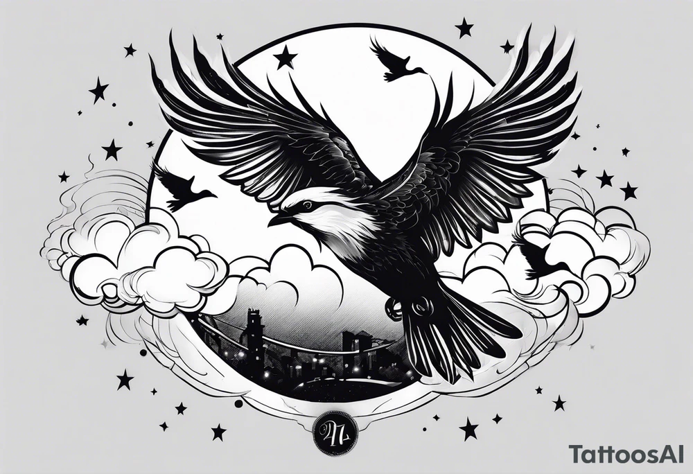 stars, clouds, birds tattoo idea