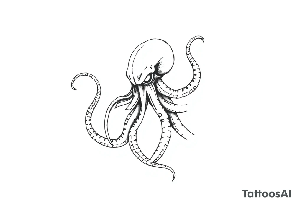 A minimalist blackwork tattoo design of an evil kraken The kraken is viewed from a 45-degree angle facing left, with its head centered. The tentacles extend only to the left and right, with none going downward beneath the head. the tentacles are quite long reaching to the left and right. The style is clean, fine-line detailing with bold outlines, avoiding heavy shading. The tentacles should be fluid, aggressive, and striking, enhancing the menacing and eerie look of the kraken while maintaining a cohesive design for a tattoo sleeve. tattoo idea