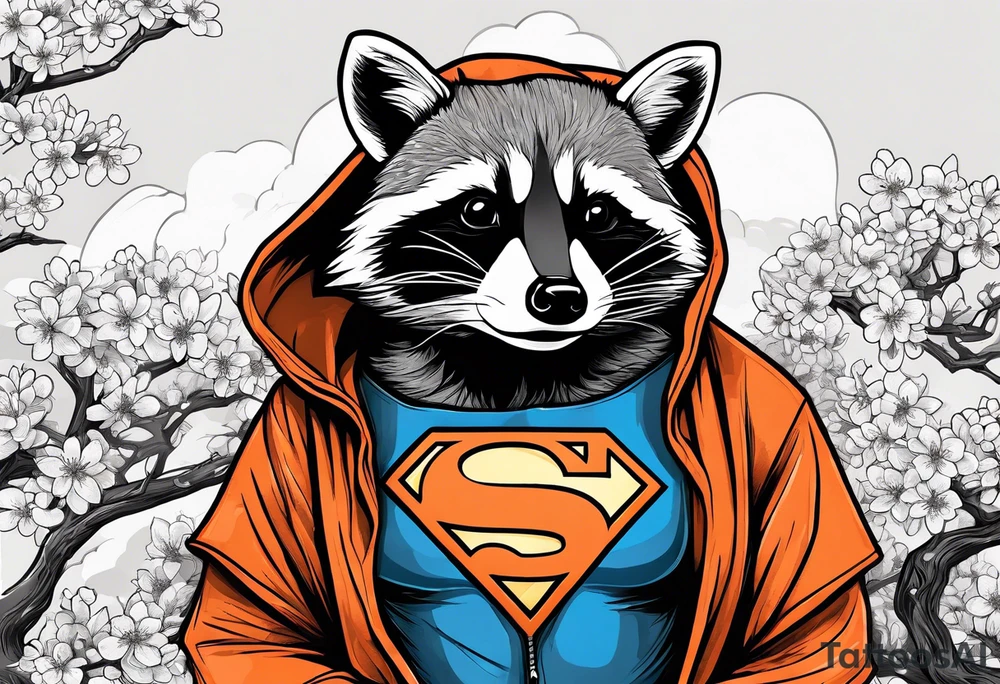 raccoon wearing a black and white Superman hoodie and orange Japanese cherry blossoms tattoo idea