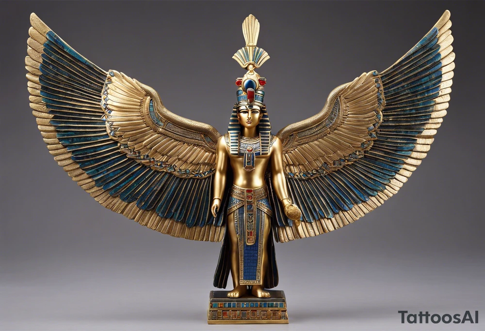 Wings: The figure has huge, extended wings that are decorated with feathers. The curve of the wings is elegant and symmetrical.

Headdress: On his head is a special headdress that resembles an Egyptian-style crown.

Clothing: The figure wears elaborate clothing decorated with geometric patterns, which refers to the characteristics of Egyptian art.

Position: The deity is depicted in a seated position with legs bent and hands resting on the outer parts of the wings as if supporting the wings with outstretched arms. tattoo idea