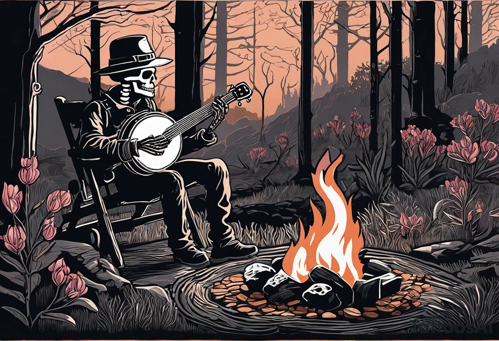 Foreground: The skeleton in a coal miner's hat, animatedly playing the banjo. The light from the campfire illuminates the skeleton and the nearby surroundings, casting intricate shadows.
Midground: The glowing campfire, with flames realistically designed in black and grey shades to emphasize movement and light.
Background: Subtle outlines and shading of rhododendron plants, giving a natural and dense feel to the woods. These can be stylized to blend seamlessly with the style of the tattoo.
Sky: A night sky speckled with stars, adding depth and a sense of time to the scene, with the stars providing a contrast against the dark sky. tattoo idea