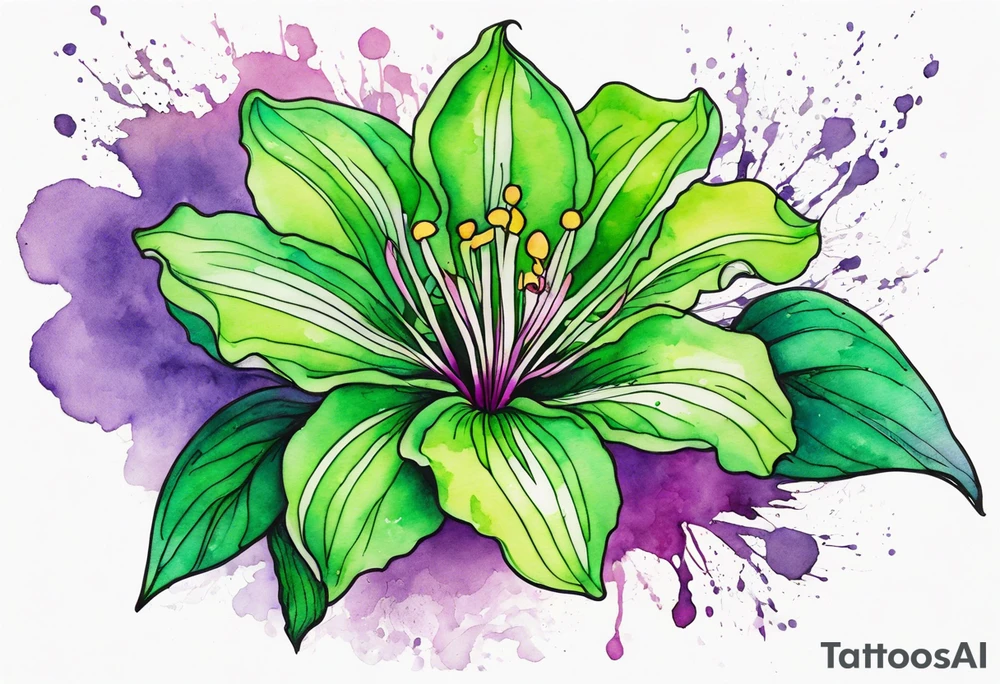 An outline of a green rio dipladenia flower and a green and purple watercolor splash in the background tattoo idea